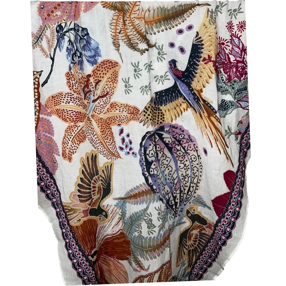 J. Jill White Multi Printed Stamp Scarf Bird Floral Botanical Square Fringed